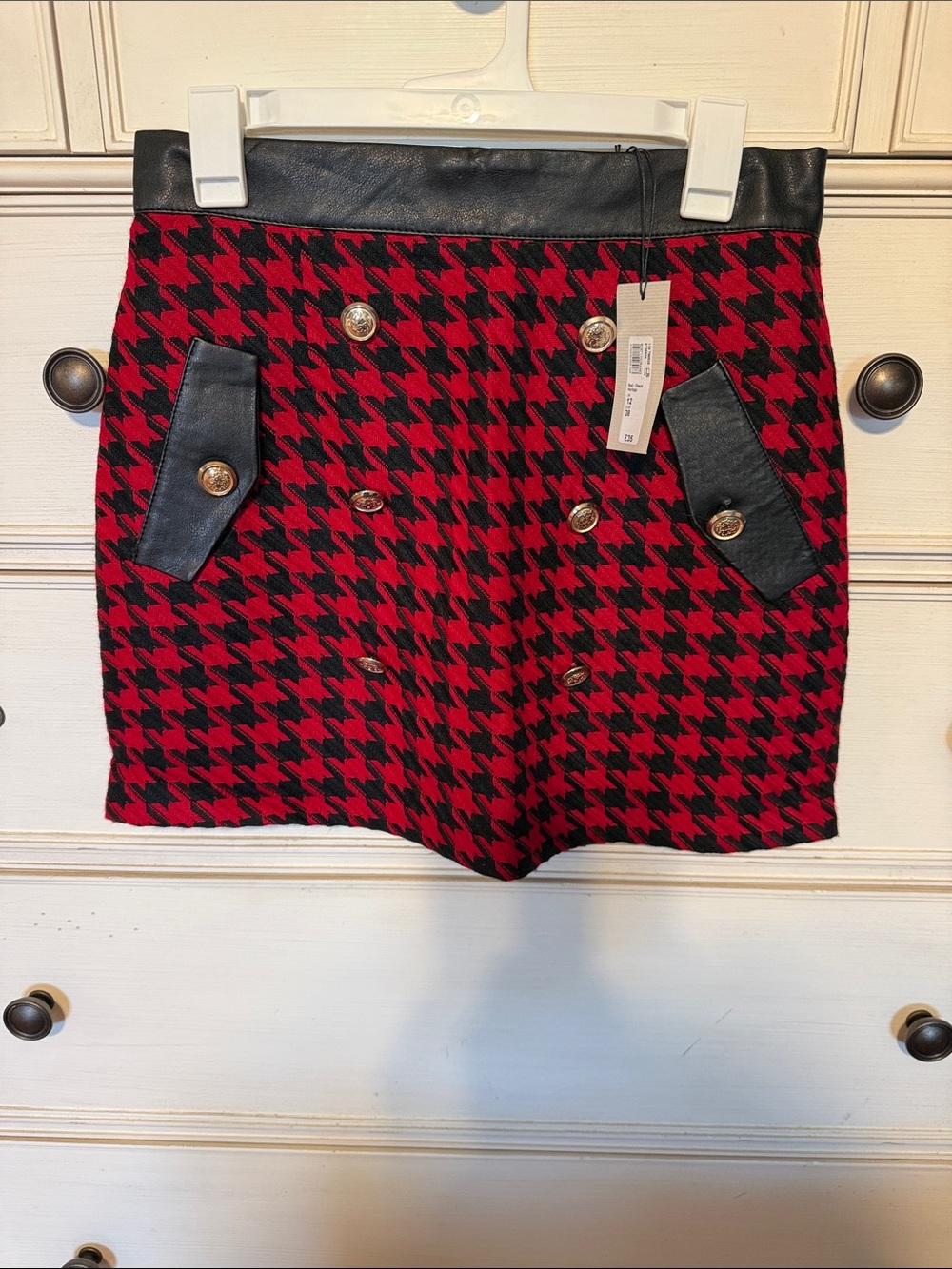 River Island Red and Black Houndstooth Mini Skirt with Faux Leather Trim